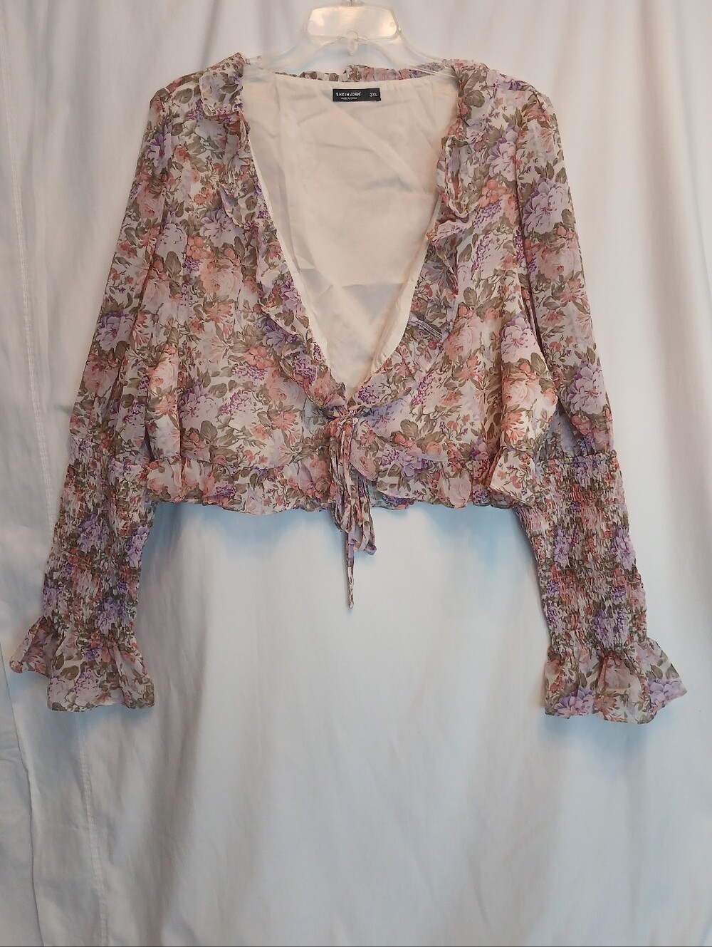 Pink Floral Ruffle Tie-Front Long Sleeve Cropped Blouse 3X NWOT